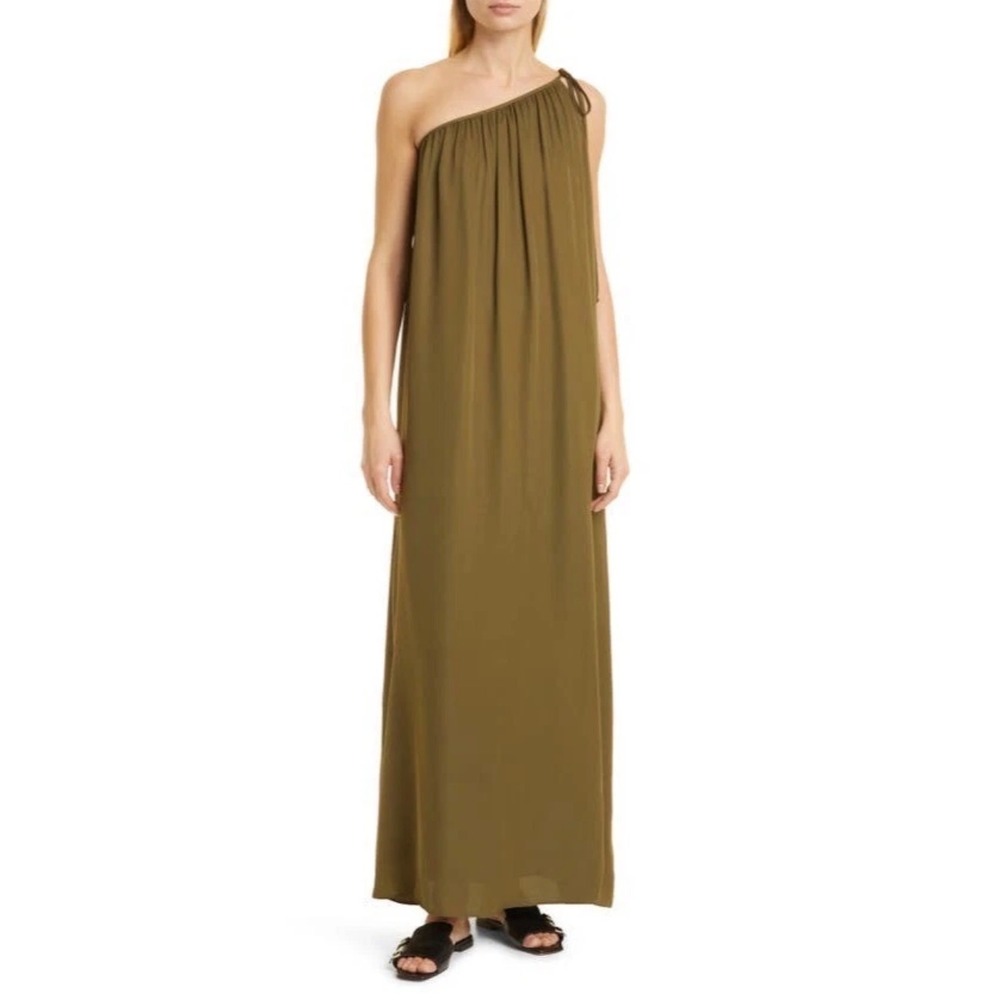 TWP Dinner at Mackizi Silk Chiffon One-Shoulder Maxi Dress Olive Green NWT Small